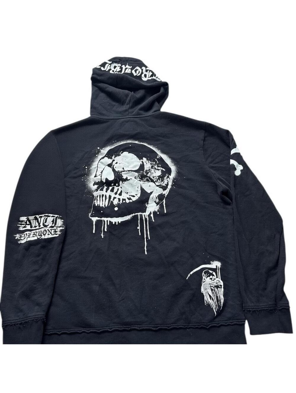 Rude Y2K Black Skull Graphic Zip Up Hoodie Size Large Grunge Goth